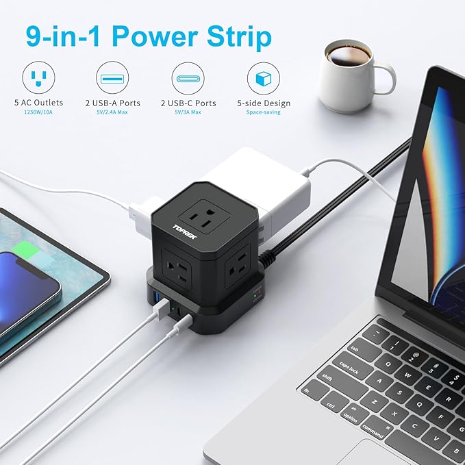 TOPREK Power Strip Surge Protector (700J), 10 FT Flat Extension Cord with 5 Outlets, 2 USB-C & 2 USB-A, Power Strip with USB for Home, Office, Dorm, Hotel, Travel, Compact Desk Charging Station