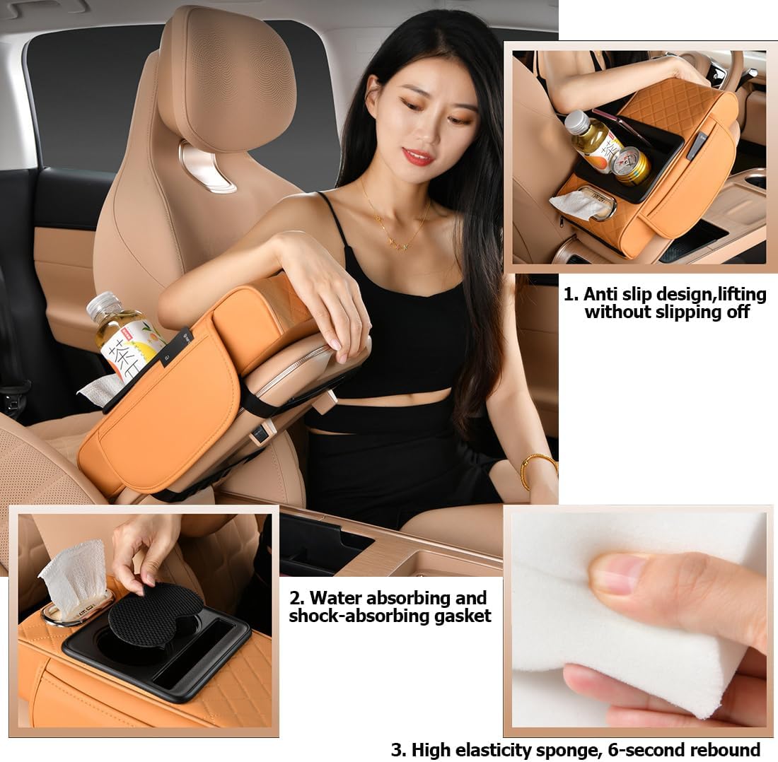 Car Armrest Cushion,5-in-1 Center Console Cover with 2 Storage Bags Cup Holder, Tissue Box Slot, Phone Slot for Sedans, Car Accessories Interior Organizers (Black red)