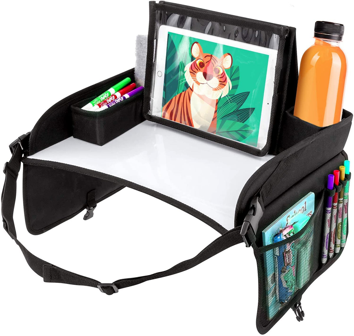 Kids Travel Tray for Kids Car Seat. Toddler Car Seat Tray Table with 6 Compartments and Tablet Stand. Foldable Toddler Table for Travel. Folding Portable Desk. Compact Road Trip Essentials