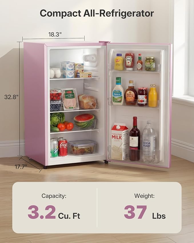 Upstreman 3.2 Cu.Ft All-Refrigerator Mini Fridge, Pink-CR32 | Petal Pink Finish, 7-Level Thermostat, ENERGY STAR Certified, Reversible Door, Small Fridge for Office, Bedroom or Dorm