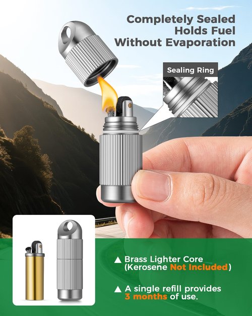 IUMIUN Titanium Waterproof Refillable Kerosene Lighter- Compact Survival Lighter with Built-in Keychain Pill Holder for Outdoor Camping,for Men Gift (Fuel not Included) (1)