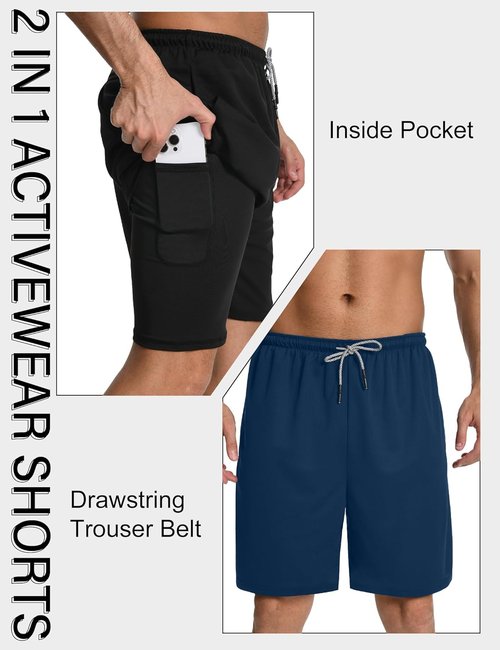 HovSiyla Men's 2-in-1 Running Shorts - Quick Dry Athletic Gym Wear with Zipper Pocket | Lightweight 3-Pack