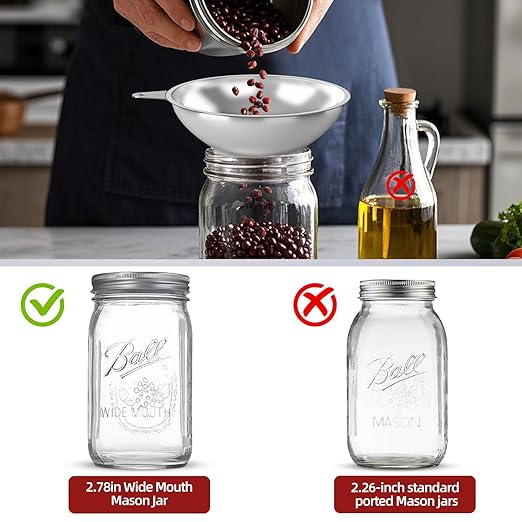 Serinar Stainless Steel Metal Canning Funnel with Removable Strainer - for Jams, Pickles and Home Preserving, Dishwasher Safe Kitchen Tool (2.78 Inch Wide Mouth Bore for Wide Mouth Mason Jars)
