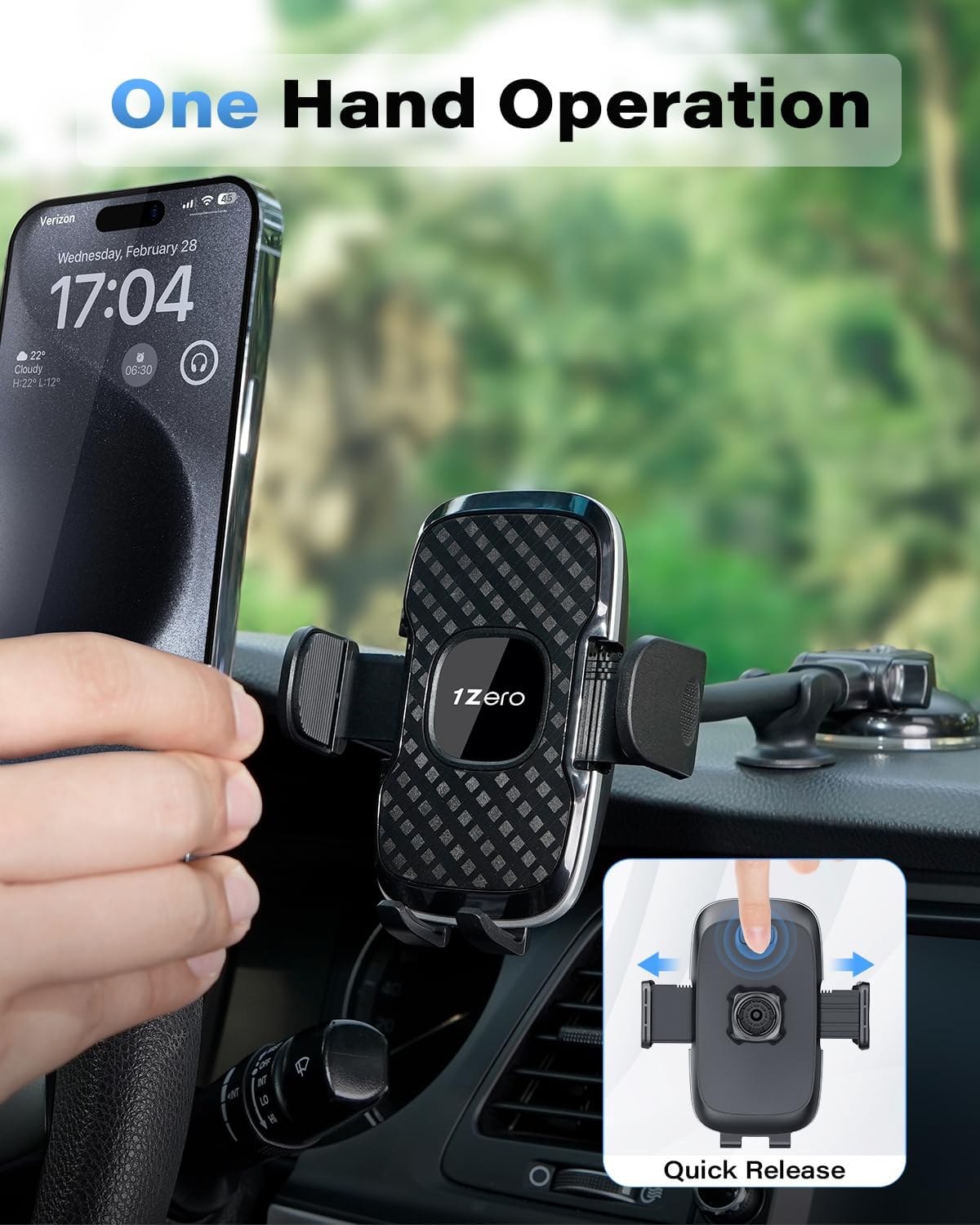1Zero Solid Car Truck Phone Mount Holder with Thick Gooseneck Long Arm, Windshield Window Mobile Holders w/Industrial-Strength Suction Cup, Anti-Shake Stabilizer Compatible All Cell Phones, Black