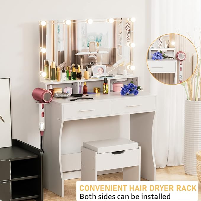 Makeup Vanity with Lighted Mirror & Power Outlet, Makeup Table Vanity Set with 3 Lighting Colors, Brightness Adjustable, White