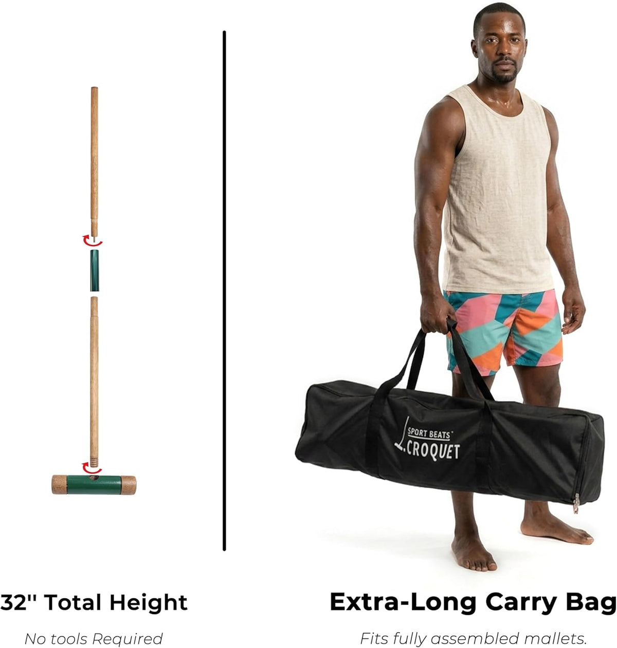 Sport Beats Croquet Set - Six Player Rubberwood Mallets, 32 Inch, Carry Case Included | Perfect for Outdoor Fun