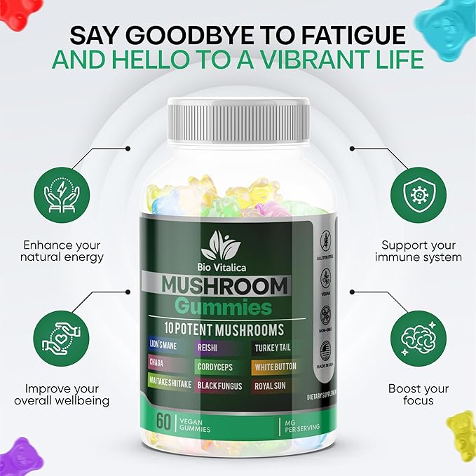 BIO VITALICA BioVitalica Mushroom Gummies - Lions Mane Gummies for Adults with 10 - Blend Mushrooms Complex Reishi, Chaga, Cordyceps, Turkey Tail, & More - Mushroom Supplement - Parental (4)
