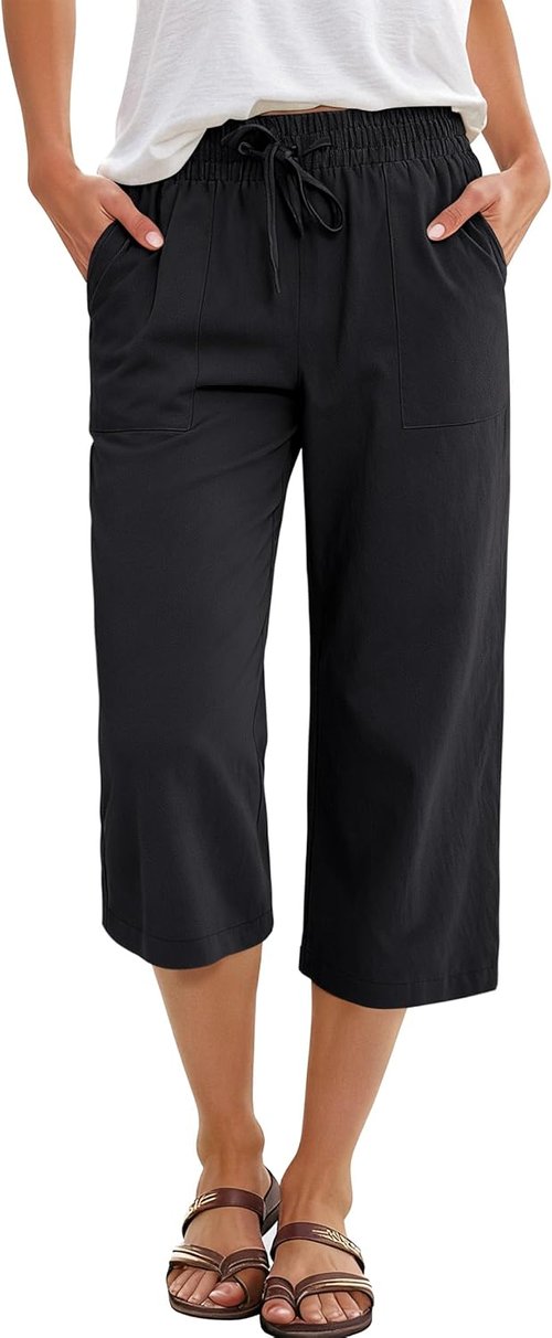 ANRABESS Capris Pants - Women's Summer Casual Loose Fit with Drawstring | High Waist Cropped Trousers