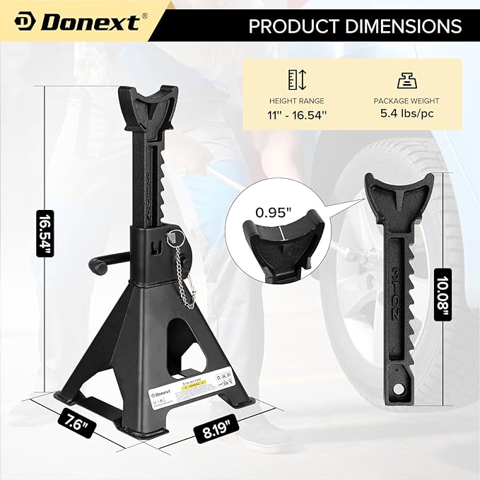 Donext Jack Stands, 3 Ton (6,000 lbs) Capacity Car Jack Stands Double Locking, 11.4"-16.54" Adjustable Height, Car Stand for Lifting, Black, 1 Pair