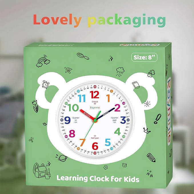 Roymnie Wall Clock 10 Inch for Kids Learning Kids Teaching Clock Analog Silent
