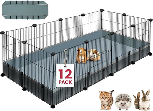 12 Panels Small Animal Playpen, 48" x 24" x 16" Pet Playpen with Waterproof Mat, C&C Cage for Guinea Pigs, Puppy Play Pen, Bunny Playpen, Indoor Outdoor Portable Metal Wire Yard Fence