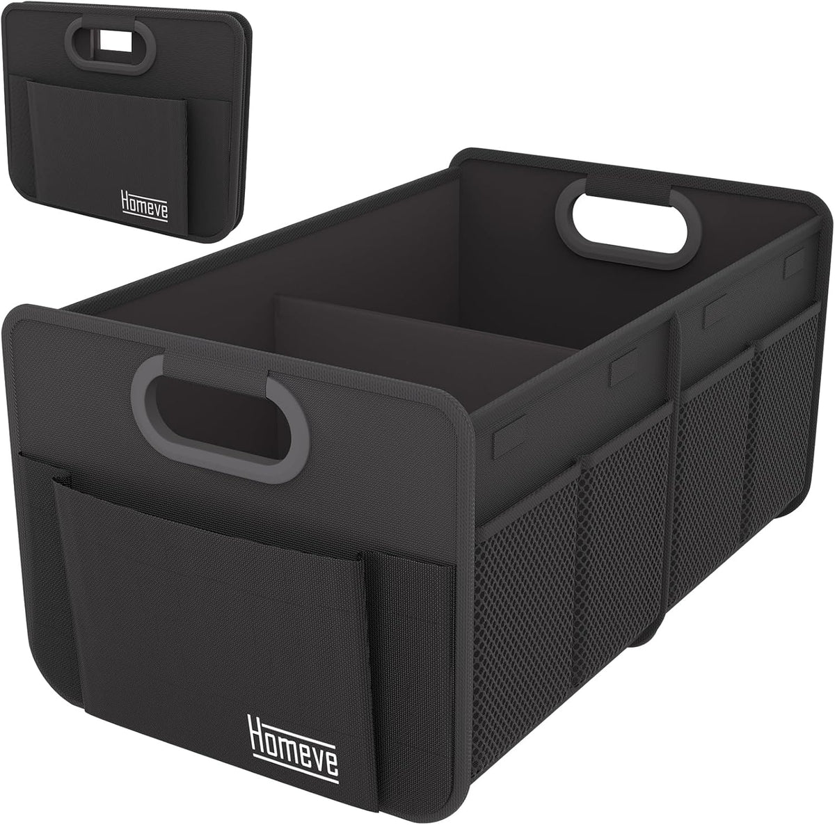 Homeve Car Trunk Organizer for SUV, 18.5Gal Large Capacity No-Sag Heavy Duty, Foldable Waterproof Anti-Slip Storage with 12 Pockets, Fit Sedan, Truck, Universal Car Accessories, Grey, 2 Compart,Large