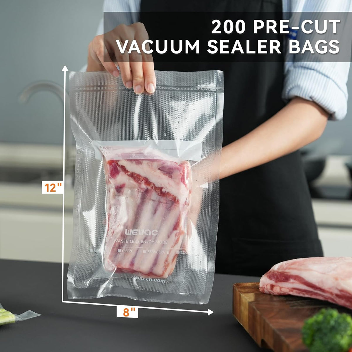 Wevac Vacuum Sealer Bags - Heavy Duty 8" x 12" Precut, 200 Count with Liquid Block & Bone Guard