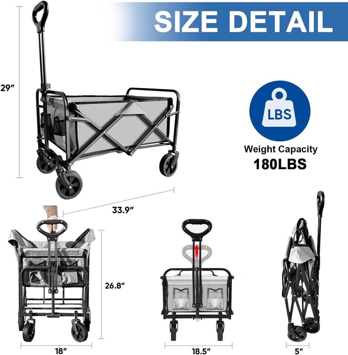 Collapsible Foldable Wagon, Beach Cart Large Capacity, Heavy Duty Folding Wagon Portable, for Outdoor Sports, Shopping, Camping, Gray