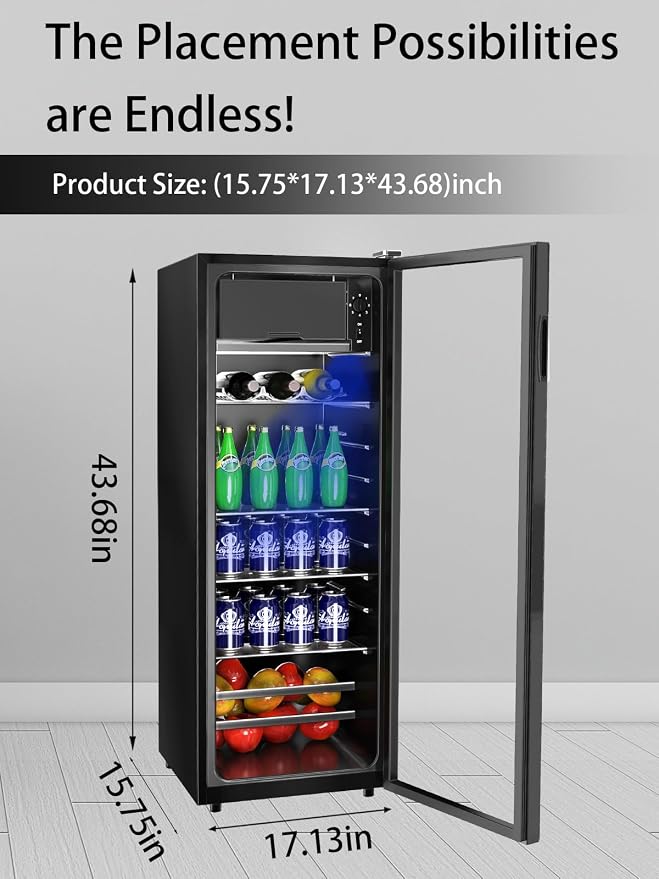 Beverage Refrigerator Cooler 180 Can Freestanding Beverage Cooler with Adjustable Shelving Glass Door for Beer Soda or Wine for Home Office or Bar