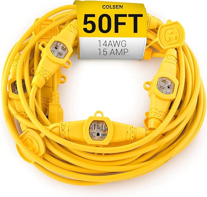 COLSEN Extension Cord with Multiple Outlets – 50 ft Heavy Duty 16 Gauge Power SJTW Cable, 15 Amp 3 Prong 11 NEMA Multi Plug, 14 AWG Male to Female Connector, 5-15R Female Socket, Outdoor/Indoor Yellow