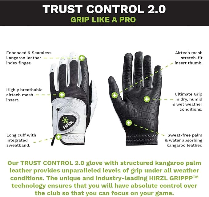 HIRZL Trust Control 2.0 Golf Glove, All Weather Mens Golf Glove, White/Black, Kangaroo Leather Palm, Cabretta Leather Backhand, Trusted by Pro’s, Sweat Free, Ultimate Grip