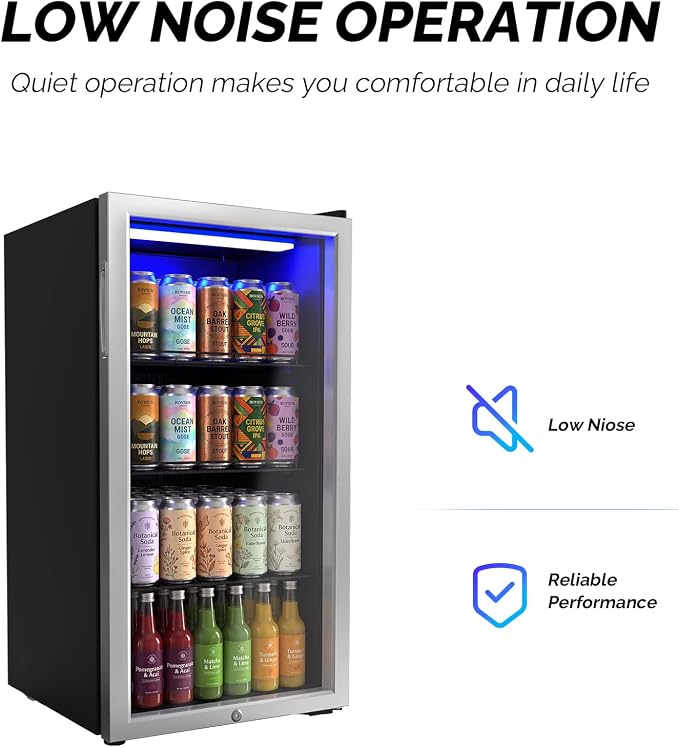 Bonnlo 130 Cans/3.3 Cu.Ft Beverage Refrigerator Cooler with Glass Door & Safety Lock, Quiet Mini Drink Fridge with Adjustable Shelf & Feet, Small Wine Cooler for Bedroom, Bar & Office, 32-50°F, 115V