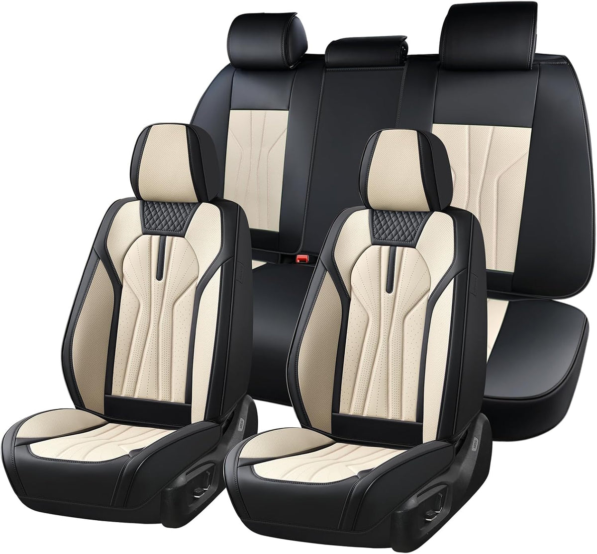 Huidasource Leather Car Seat Covers Full Set 5 Seats, Waterproof Faux Leather Front & Rear Seat Cover with Headrest, Non-Slip Automotive Seat Covers Fit for Most Cars Trucks SUV, Black&Beige