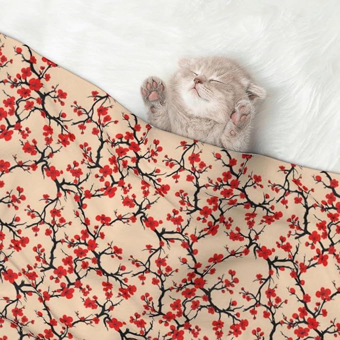 Double Sided Plush Pet Blanket with Cozy Dot Texture and Smooth Reverse, Blossom Japanese Cherry, Reversible Throw for Dogs Cats on Couches Beds Crates