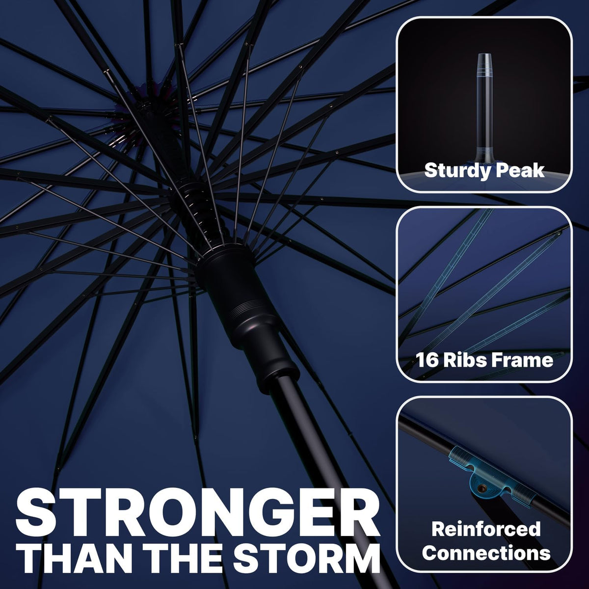 Royal Walk Large Windproof Umbrella for 2 - Navy Blue, 54 Inch, Auto Open, Wooden Handle, 16 Ribs
