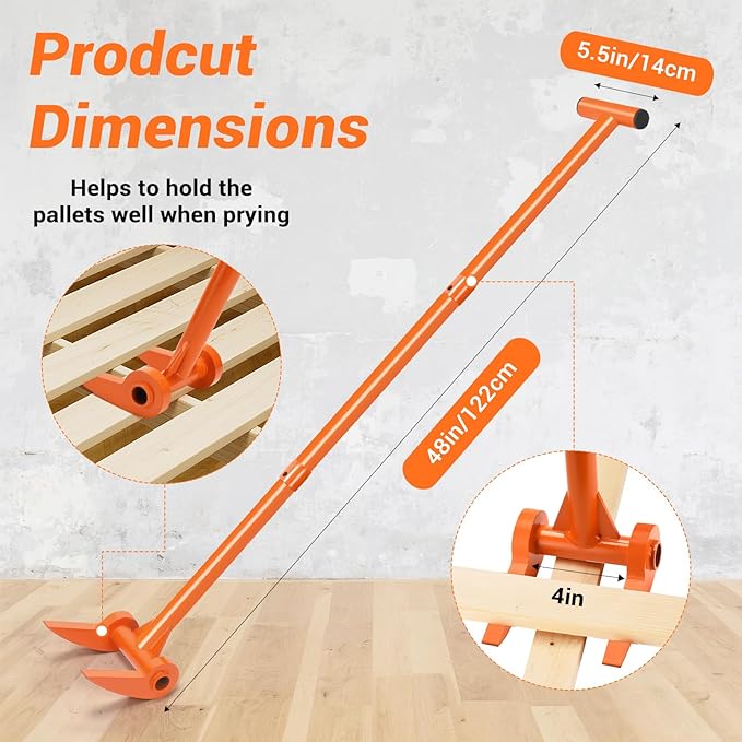 48" Pallet Buster, 110 Degree Decking Pry Bar, Heavy Duty Carbon Steel Deck Board Removal Tool for Deck, Pallet, Standing Hardwood Board Demolition Without Lower Back Pain & Knee Pain (Orange)