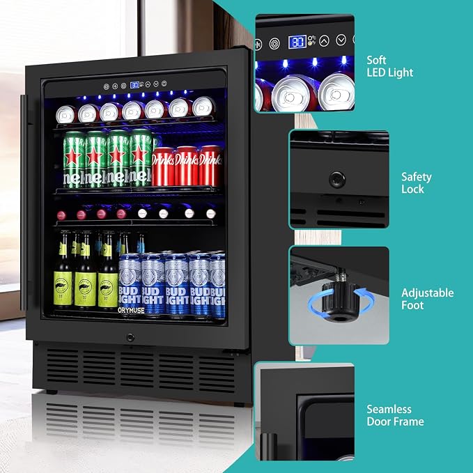 Beverage Refrigerator 24 Inch, 180 Can Drink Fridge with Glass Door, Under Counter or Freestanding Beverage Cooler for Soda, Beer, Wine – Quiet Cooling for Kitchen, Bar, Office, Black