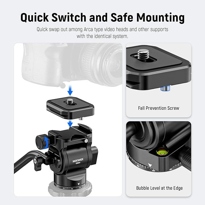 NEEWER Tripod Fluid Head with Quick Release Plate & Handle, Metal Pan Tilt