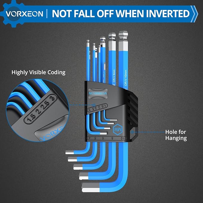 9 PCS Blue Allen Wrench Set Hex Keys 1.5-10 mm Metric Long Ball Flat End Cr‑V and S2 Steel L-key with Visible coding for Handyman DIY Bike Auto Repair Tools
