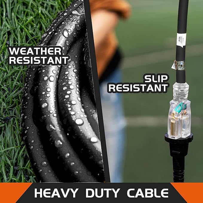 Indoor Outdoor Extension Cord Weatherproof with Lighted End, UL Listed, 12 Gauge 30FT Black 3 Prong Heavy Duty, 12/3 SJTW 15A Power Cord for Outdoor Lights, Lawn