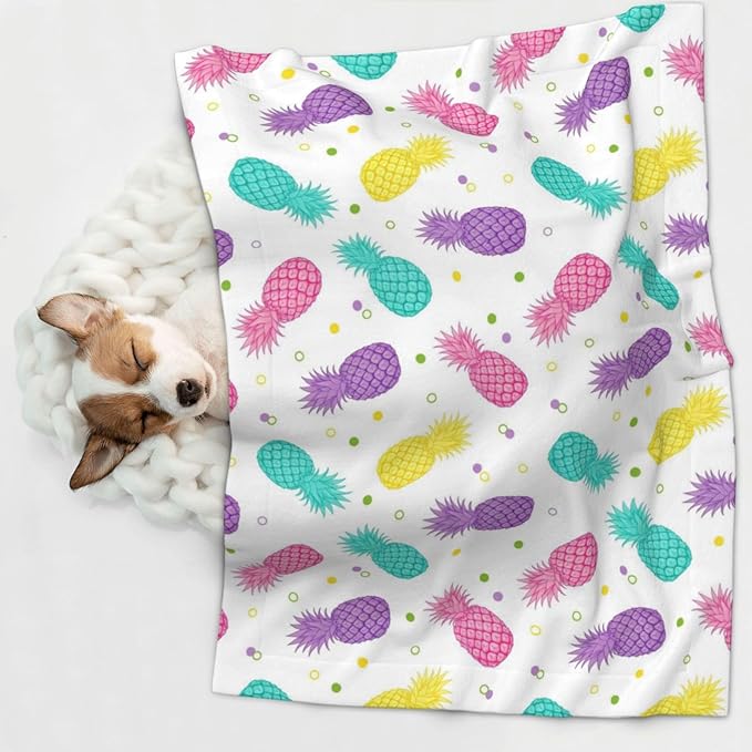 Reversible Plush Throw for Dogs and Cats, Colorful Tropical Summer Pineapple Print, Double Sided Blanket with Nubby Dot Side and Sleek Side Ideal for Cuddling Nesting Security