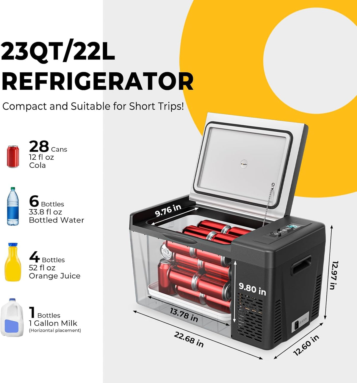 BougeRV 12 Volt Refrigerator 12V Car Fridge 23 Quart Portable Freezer Compressor Cooler 12/24V DC 110~240V AC for Truck Van RV SUV Boat Travel Camping Road Trips Tailgating -8℉~50℉ (Black)