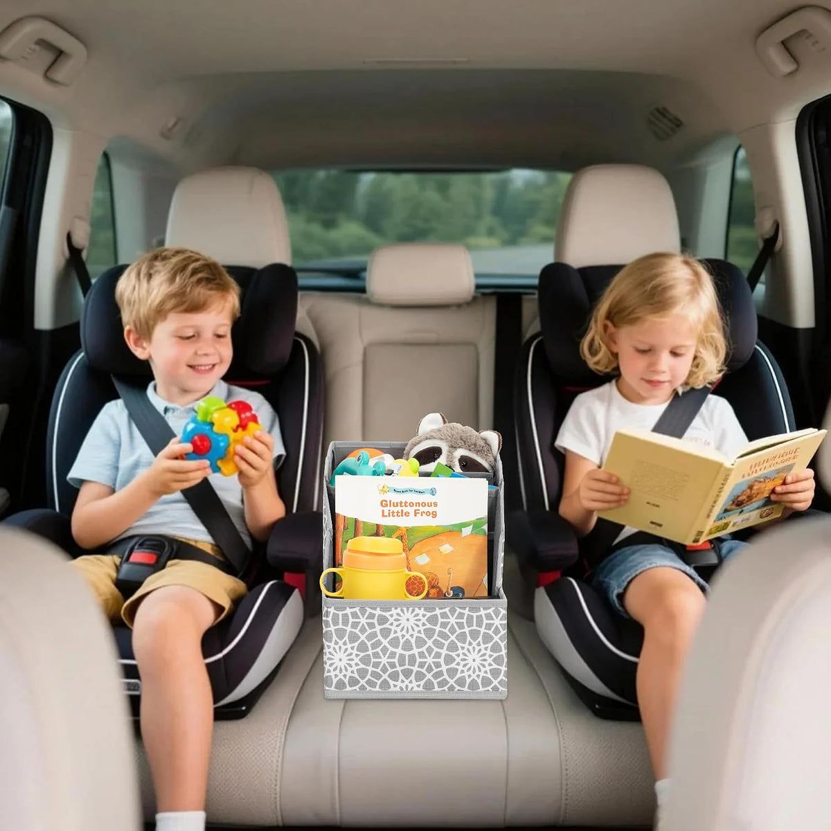 CROS 2 Pack Car Seat Organizer with Metal-Reinforced Cup Holders, 12 Storage Compartments Backseat Car Organizer, Travel Essentials for Kids Toys & Snacks, Non-Slip Seat Storage for SUV, Truck, Print