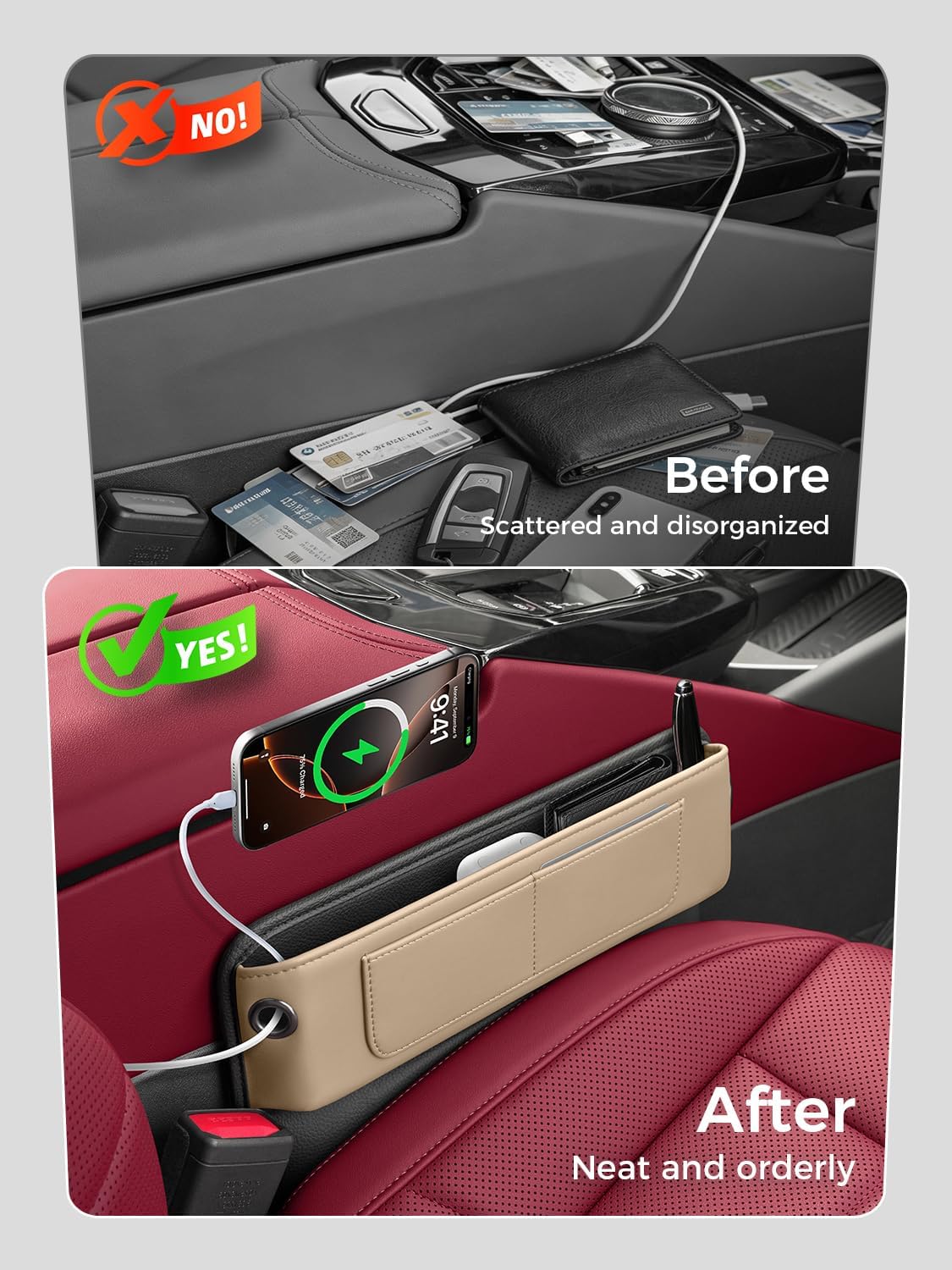 Car Seat Gap Filler Organizer – Phone Holder, Key,Card,Coin Slot, Premium Nappa Style Microfiber Leather (Beige)