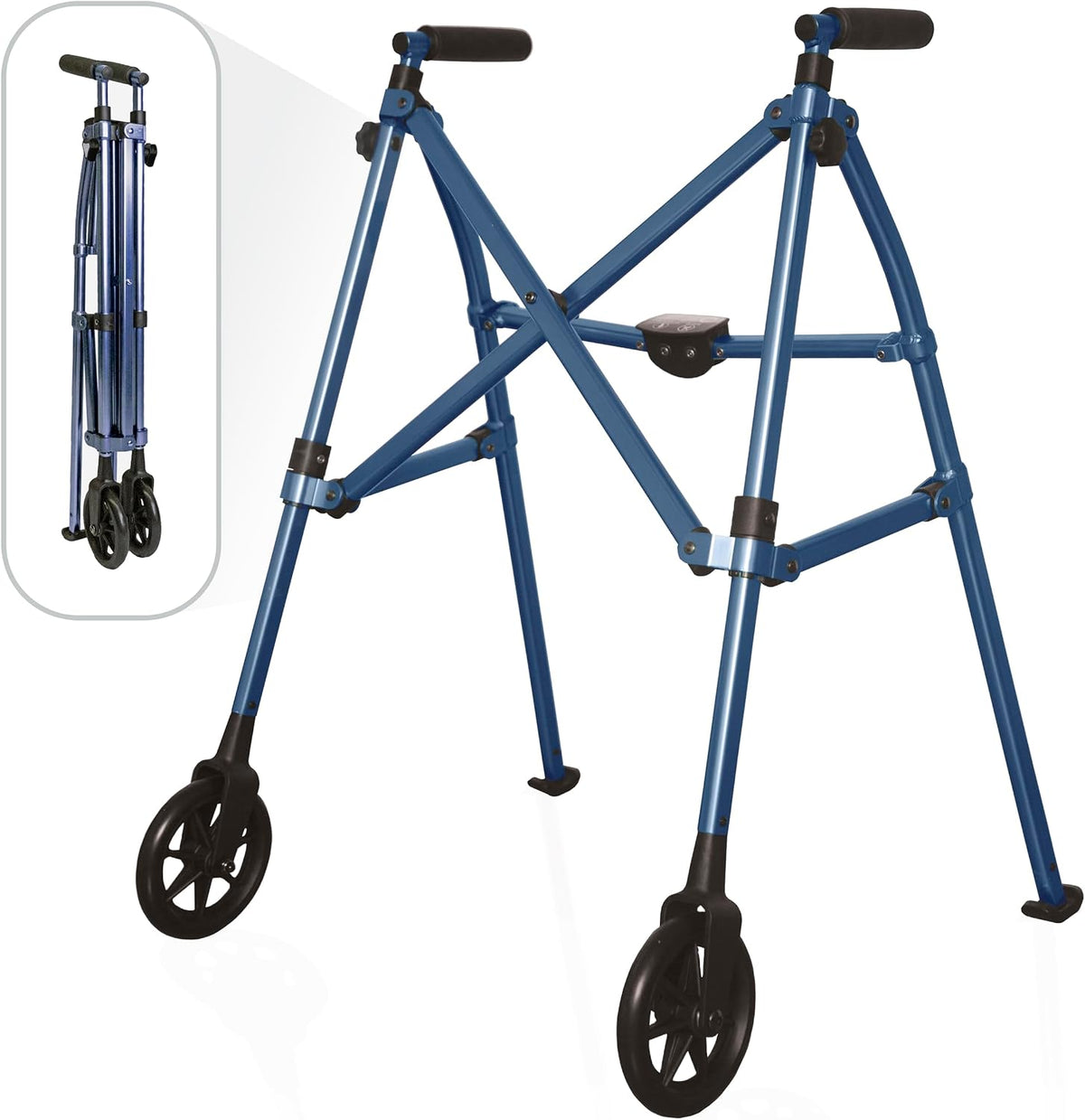Stander Space Saver Walker, Lightweight Folding Rolling Mobility Aid for Seniors & Adults, Compact 2-Wheel Disability Device with 6-inch Wheels & Ski Glides for Walking Support, Cobalt Blue