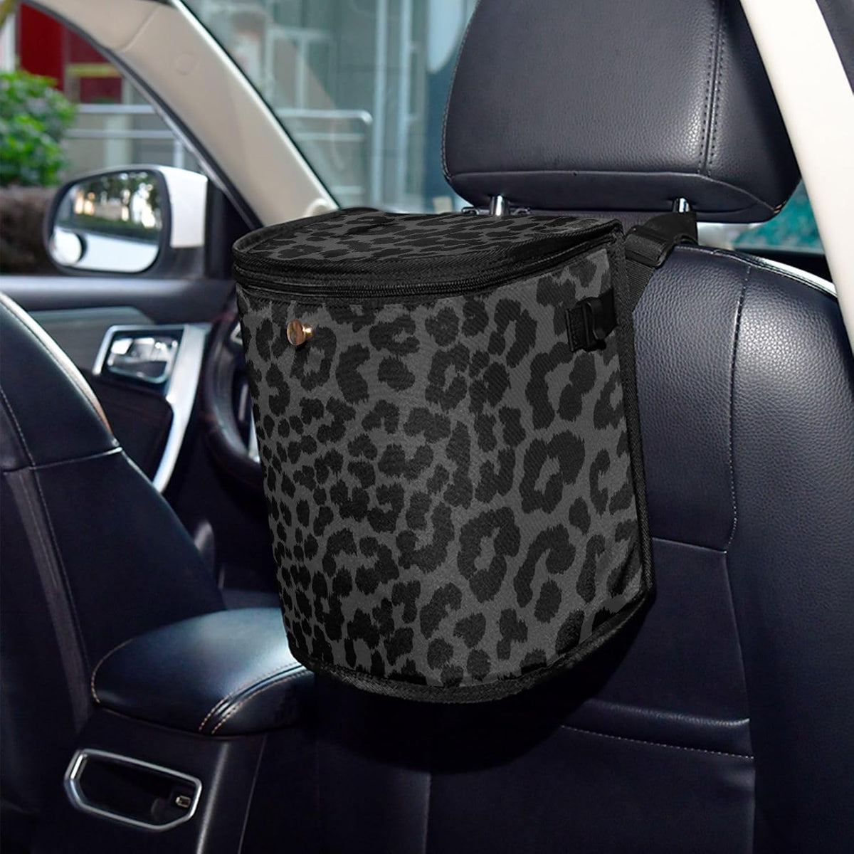 Bolaz Spill-Proof Car Trash Can | Leakproof Lining | Seat Hanging Auto Garbage Bag with Zipper Lid Hipster Black Leopard Print Car Organizer Storage Bag