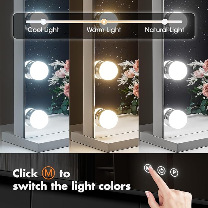 Hasipu Vanity Mirror with Lights, 24" x 20" Hollywood Mirror, Makeup Mirror with 17 Dimmable Bulbs and 10X Magnification, 3 Colors Modes, Touch Control, USB Charging Port, Type-C (Square White)