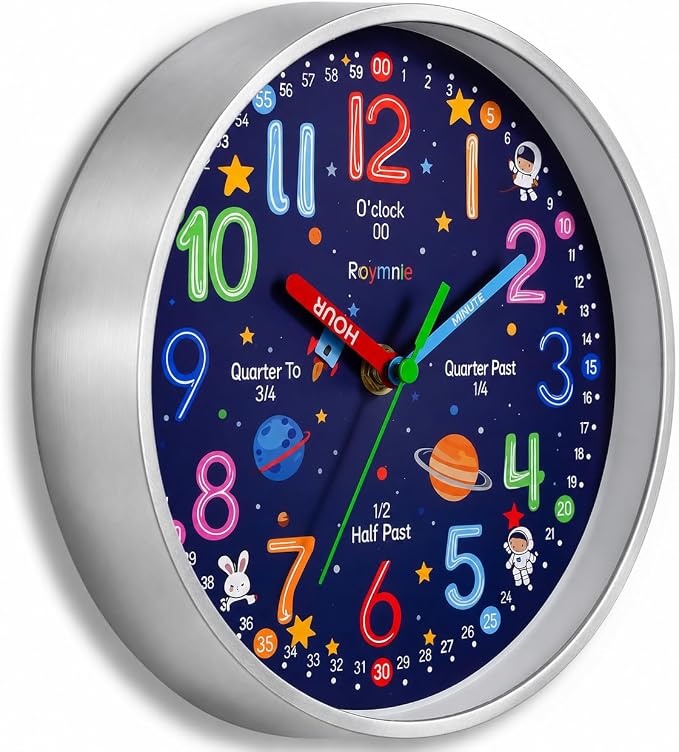 Roymnie Wall Clock Learning to Tell Time Easily Non Ticking Battery Operated