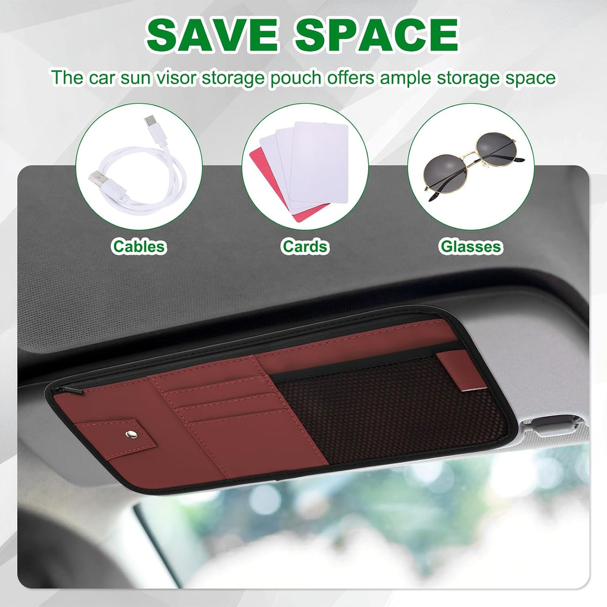 PATIKIL 1 Pcs Car Sun Visor Organizer, 12.8 x 6.5 Inch PU Leather Vehicle Storage Pouch Holder for Sunglasses Card Pen Driver License Car Accessories, Red
