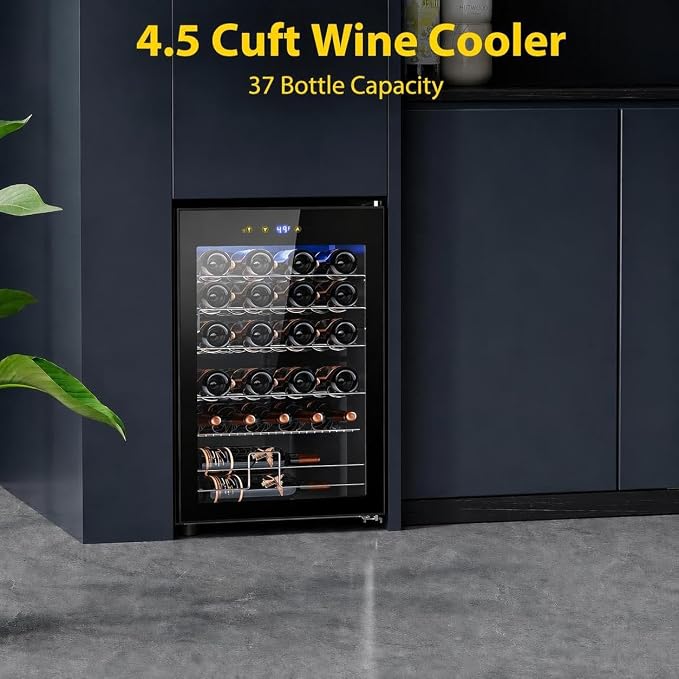 Electactic 37-Bottle Freestanding Wine Cooler Refrigerator, 4.5 Cu. Ft | Removable wave-shaped wire shelves, fan cooling, and sub-38 dB operation help organize bottles with minimal noise.