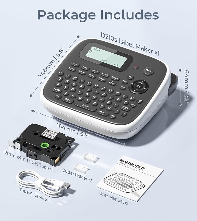 Label Maker Machine with Tape, Label Maker Waterproof Labels 12mm, D210s