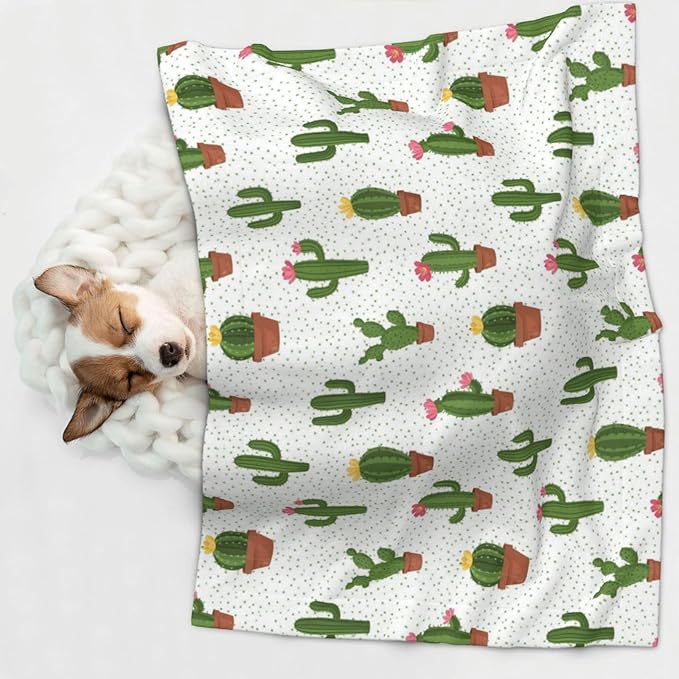 Double Sided Plush Pet Blanket for Small Large Animals, Cactus Floral Bloom Flower Summer Tropical Watercolor, Reversible Throw with Dimpled Dot Side and Flat Side for Kennels Living Rooms