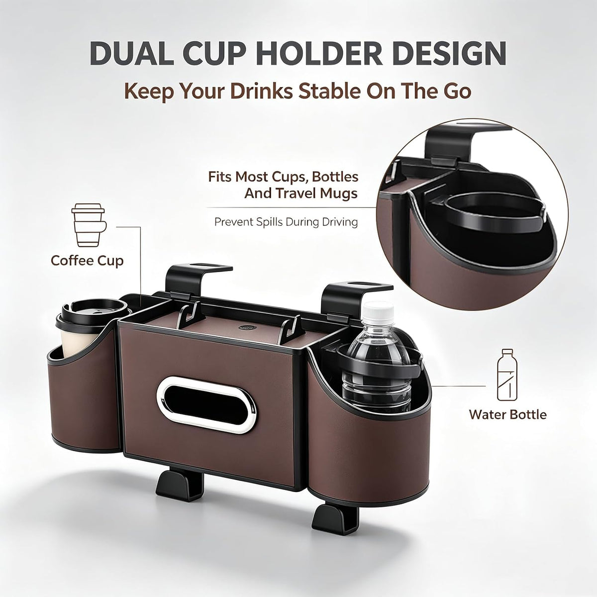 Back Seat Car Organizer, 2 Cup Holders, Tissue Holder, Phone Stand & Hooks