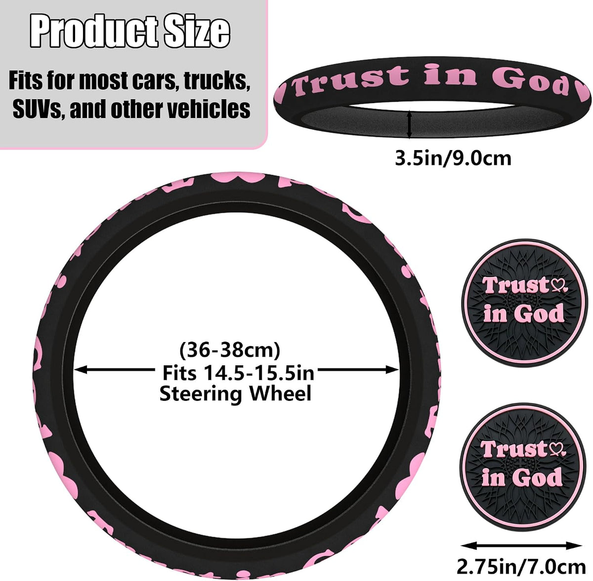 Christian Trust in God Car Steering Wheel Cover with 2 Pack Coasters for Women, PU Leather Pink Car Accessories, Religious Gifts, Universal 14.5-15.5" Fit for Cars, SUVs, Trucks