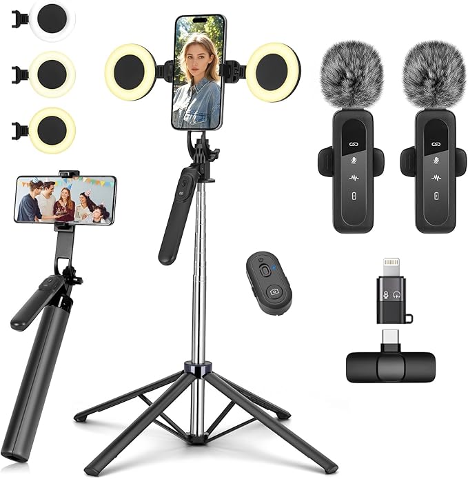 Vlogging Kit for iPhone/Android, Metal Selfie Stick Tripod for iPhone