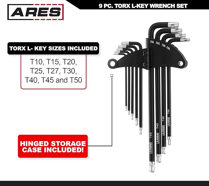 ARES 70257 - Extra Long Ball End Torx L-Key Set - 9-Piece Set Includes Sizes T10-T50 - Anti-Slip Textured Black Coating & Premium S2 Steel Construction - Storage Case Included