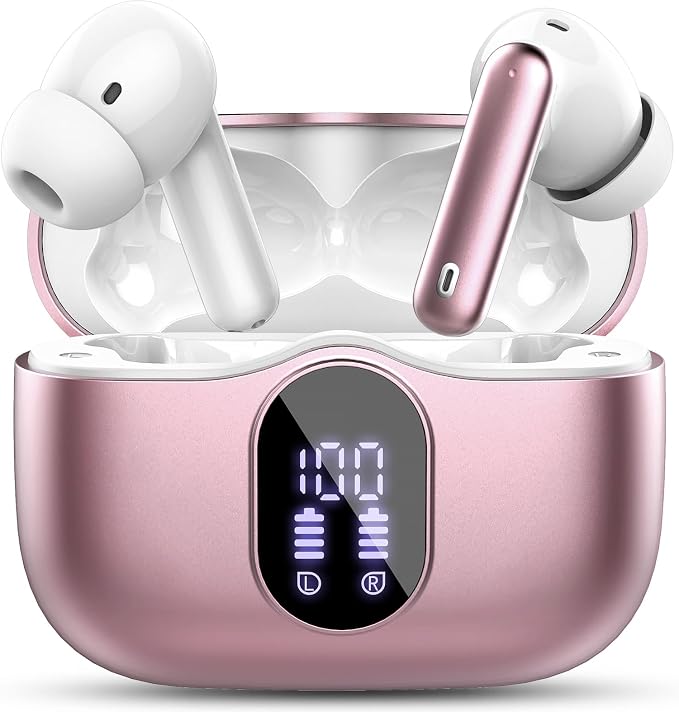 Wireless Earbuds, Bluetooth 5.4 Headphones Bass Stereo/Clear Call,Rose Gold | Ear Buds with Noise Cancelling Mic LED Display in Ear Earphones IP7 Waterproof 36H Bluetooth Earbuds for Phones/Sport/Laptop