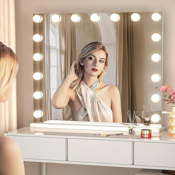 Hasipu Vanity Mirror with Lights, 24" x 20" Hollywood Mirror, Makeup Mirror with 17 Dimmable Bulbs and 10X Magnification, 3 Colors Modes, Touch Control, USB Charging Port, Type-C (Square White)