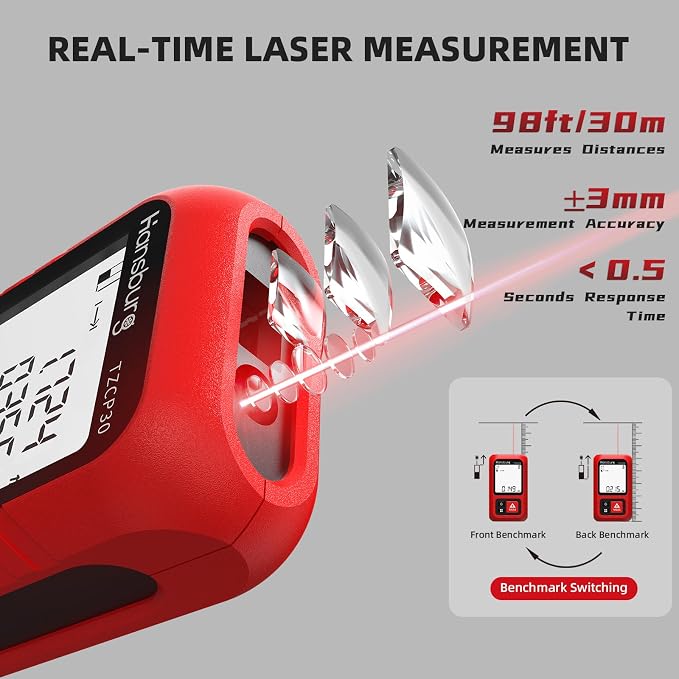 Hansburg Laser Measurement Tool 98 Ft / 30m 8-in-1 Modes Digital Laser Tape