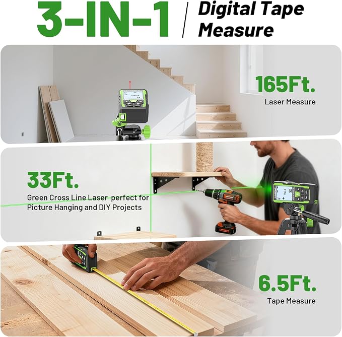 Laser Measuring Tool 3-in-1, Huepar 165 Ft Laser Measure & 33 Ft Green Cross